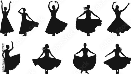 Elegant woman dancer silhouettes performing graceful dance moves, flowing dress motion, ballet, contemporary art, vector illustration, beauty, rhythm, elegance