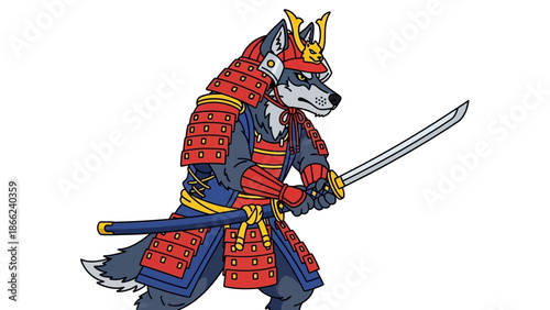 Wolf Samurai Warrior Holding Katana Sword, Japanese Armor, Fierce Animal