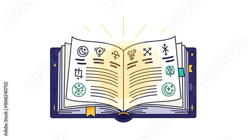 Mystical Grimoire Open Book with Magical Symbols and Glowing Light