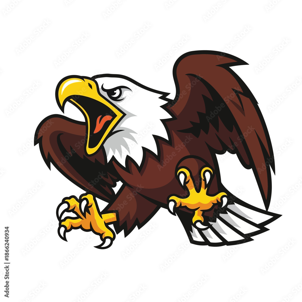 Fototapeta premium Aggressive Bald Eagle Flying with Open Mouth, Fierce Predator