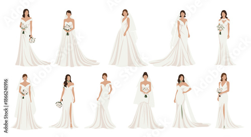 Diverse set of illustrations showing women in various elegant white wedding dress styles holding bouquets for bridal fashion design.