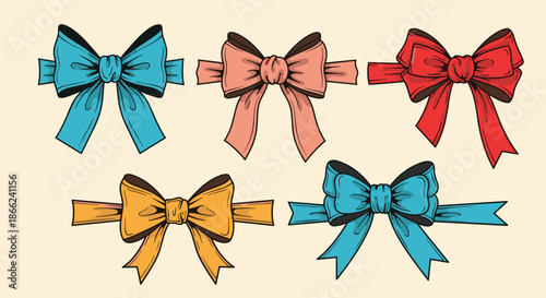 Set of five decorative hand drawn ribbon bows in various colors including blue peach red and orange for gift wrapping concepts.