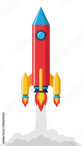 Colorful Rocket Launching Into Space with Smoke Trail - Flat Design