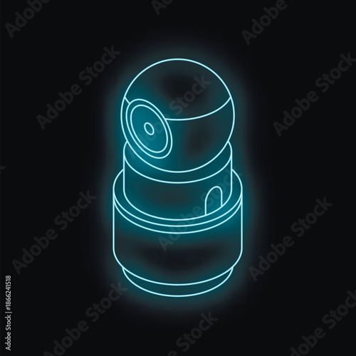 Neon blue isometric security camera glowing on a black background, representing concepts of surveillance, technology, and safety
