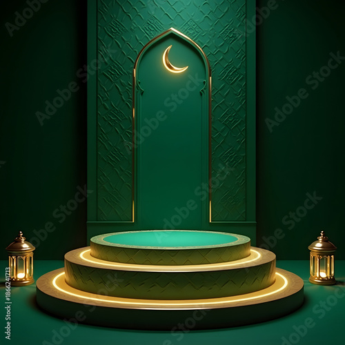 Luxury Green Ramadan Podium with Gold Crescent Moon – Islamic 3D Product Display Background