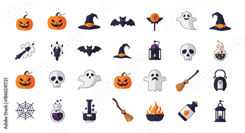 Huge collection of flat Halloween icons including pumpkins ghosts bats witch hats potions and spooky accessories for holiday design.