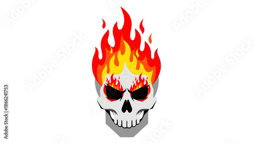 Fiery Skull Icon with Flames and Dark Eyes on White Background