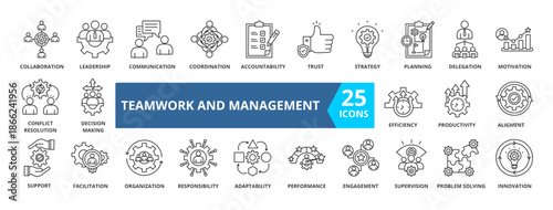 TEAM WORK AND MANAGEMENT icon collection set. Containing collaboration, leadership, communication, coordination, accountability, trust, strategy icon. simple line vector.