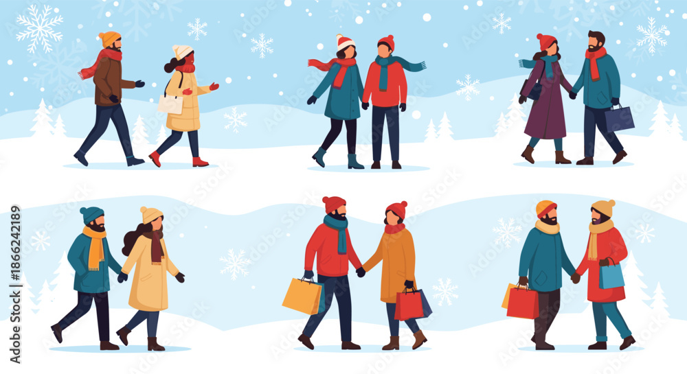 Fototapeta premium Cheerful grid of couples wearing warm winter clothes and scarves walking through a snowy landscape with falling snowflakes.