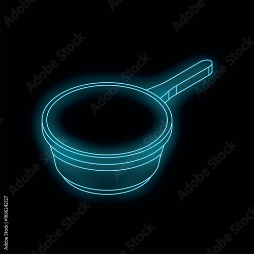 Glowing neon blue saucepan on black background, representing cooking and kitchen equipment