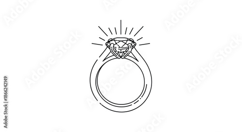 Simple and elegant line drawing of a brilliant diamond engagement ring with light rays reflecting from the faceted gemstone top.