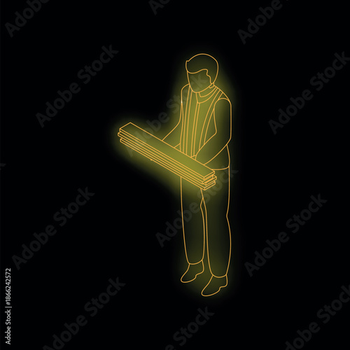 Neon isometric projection of a construction worker holding wooden planks against a black background