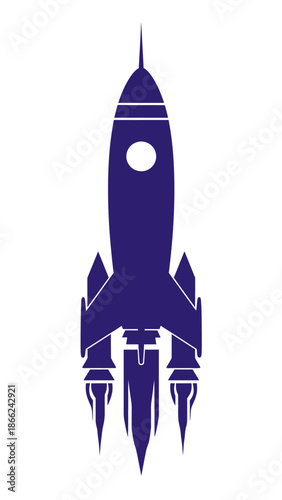 Dark blue retro rocket ship silhouette launching with exhaust flames, isolated on white background