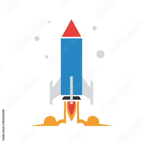 Flat design rocket launching with fire and smoke against a white background