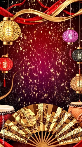 Festive Background with Red and Gold Ribbons, Glittering Stars and Decorative Elements for Celebrations and Events