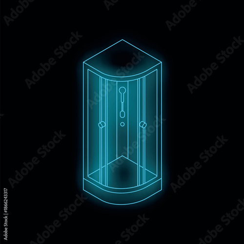 Glowing blue neon shower cabin on black background, isometric view, suitable for bathroom and hygiene concepts