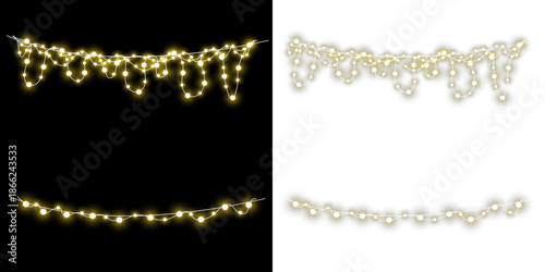 glowing golden string light garlands with festive bulb chains isolated on black and transparent backgrounds