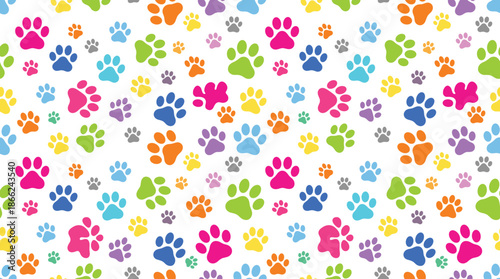 Wallpaper Mural Colorful pet paw print seamless pattern background, playful dog cat footprints texture for pet care, veterinary, kids design illustration wallpaper Torontodigital.ca