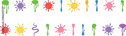 Colorful paint splashes and dripping liquid shapes set, abstract ink blots, creative art elements, vibrant splash stains, vector illustration collection