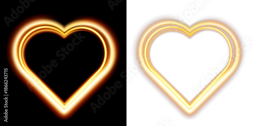 Glowing neon heart shapes with fiery and light effects for valentine design isolated on black background