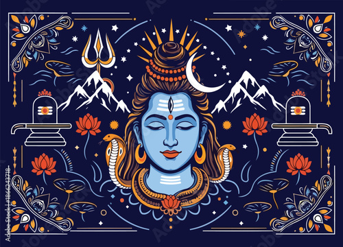 Symmetric lord shiva illustration with snakes and shivalingam icons