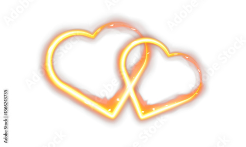 Glowing neon double heart shape with fiery light effect for valentine design isolated on black and transparent backgrounds