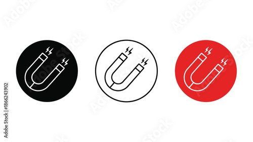 Three horseshoe magnets in different color variations a black white and red design