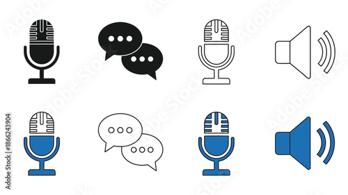Collection of communication icons microphones speech bubbles and loudspeakers