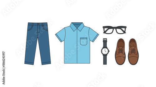 A simple illustrated outfit featuring jeans a light blue shirt and accessories