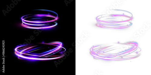 Glowing multicolor neon energy swirl rings with dynamic light trails isolated on black and transparent backgrounds