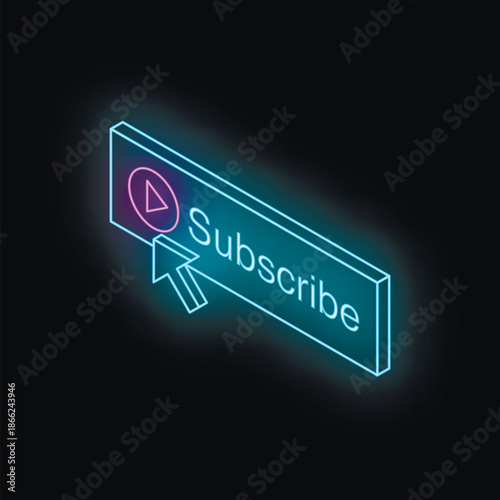 Neon blue subscribe button with pink play symbol and mouse cursor pointing, suggesting subscribing to online video channel