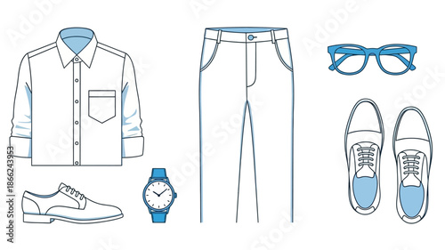 A flat lay illustration displaying a complete men s casual outfit selection