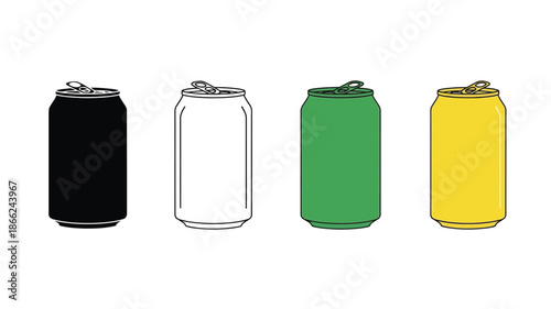 Four colorful aluminum cans in a row black white green and yellow