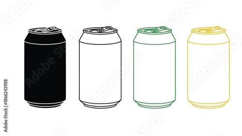 Four aluminum soda cans in different colors outlined in a simple style