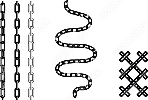 Collection of metal chain illustrations with straight, curved, and crossed link designs, detailed vector chain elements for industrial and decorative use