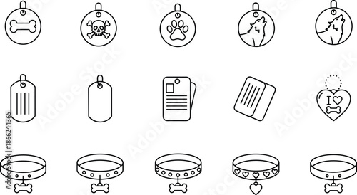 Collection of pet tag and dog collar line icons featuring bone tags, ID labels, heart designs, and minimal animal accessories illustrations