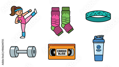 Retro 80s Aerobics Fitness Workout Icon Set Vintage Exercise Equipment and Style