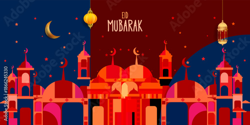 Ramadan Mubarak Islamic greeting card with mosque, stars, moon and lantern vector illustration background.
