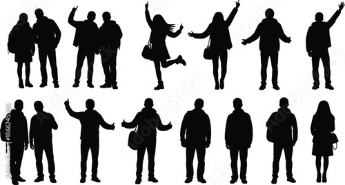 Set of casual people silhouettes wearing winter jackets, happy men and women standing, jumping, and waving, isolated vector illustration.