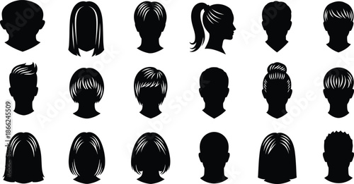 Set of human head silhouettes, male and female avatar icons with various hairstyles, isolated black vector illustration for user profiles.