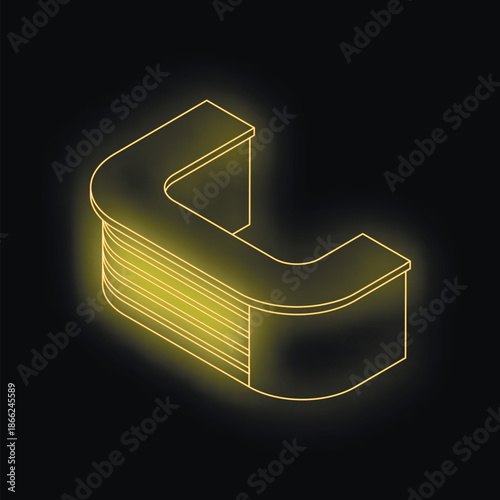 Neon yellow reception desk glowing on a black background, creating a modern and stylish atmosphere