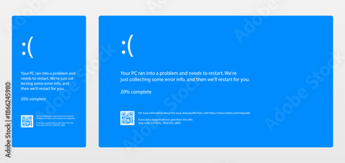 Responsive BSOD screen. Retro computer error or blue screen of death crash. Old operating system critical failure. Hacked vintage PC system. Virus 90s computing system crash