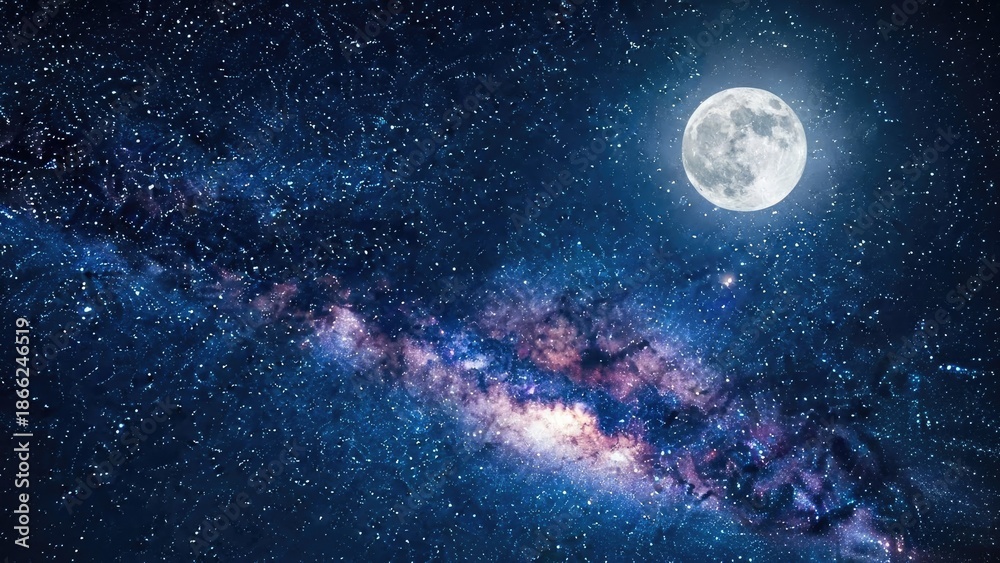 Fototapeta premium Night sky with full moon and milky way galaxy abstract background