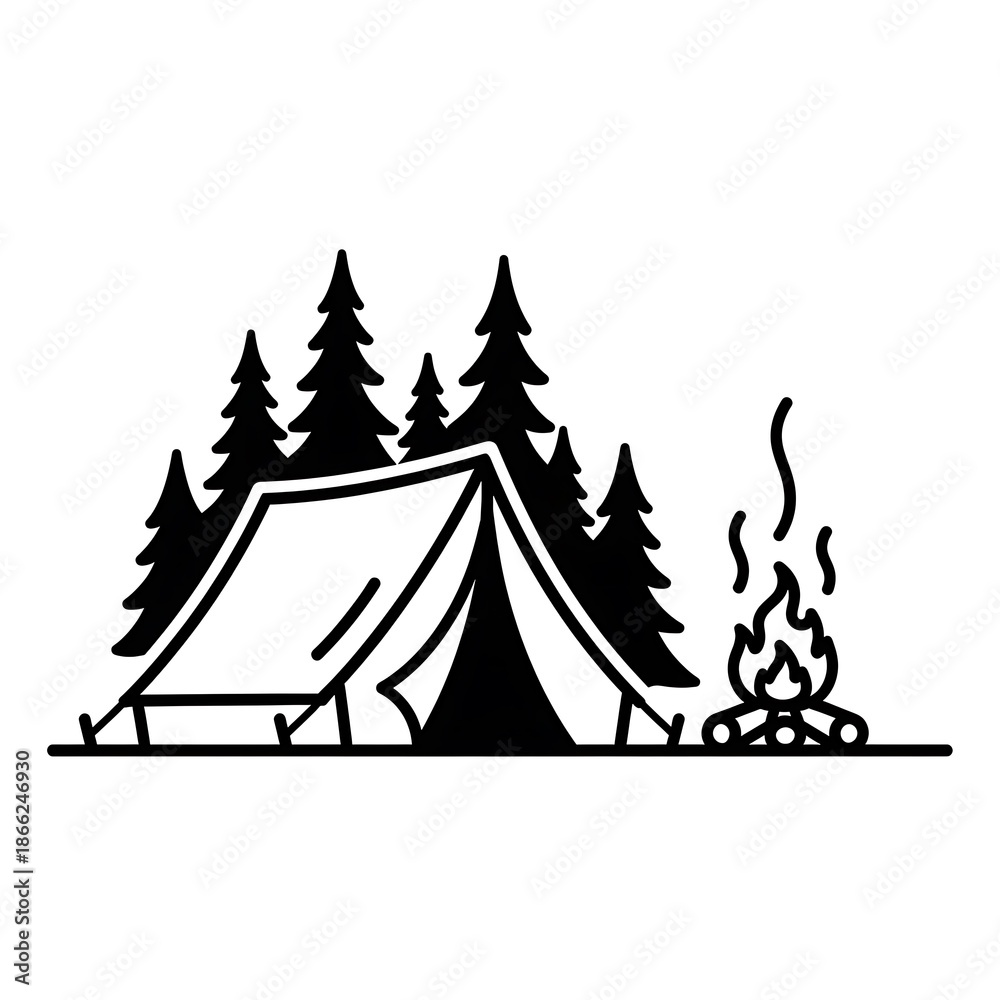 Obraz premium Camping Adventure Icon with Tent, Trees & Bonfire. Outdoor Exploration Vector Art