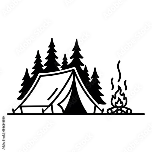 Camping Adventure Icon with Tent, Trees & Bonfire. Outdoor Exploration Vector Art
