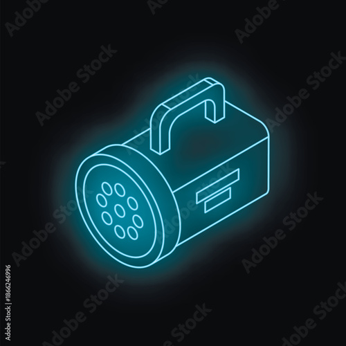 Portable spotlight with handle glowing with neon light on black background, ideal for projects related to lighting, electricity, and equipment