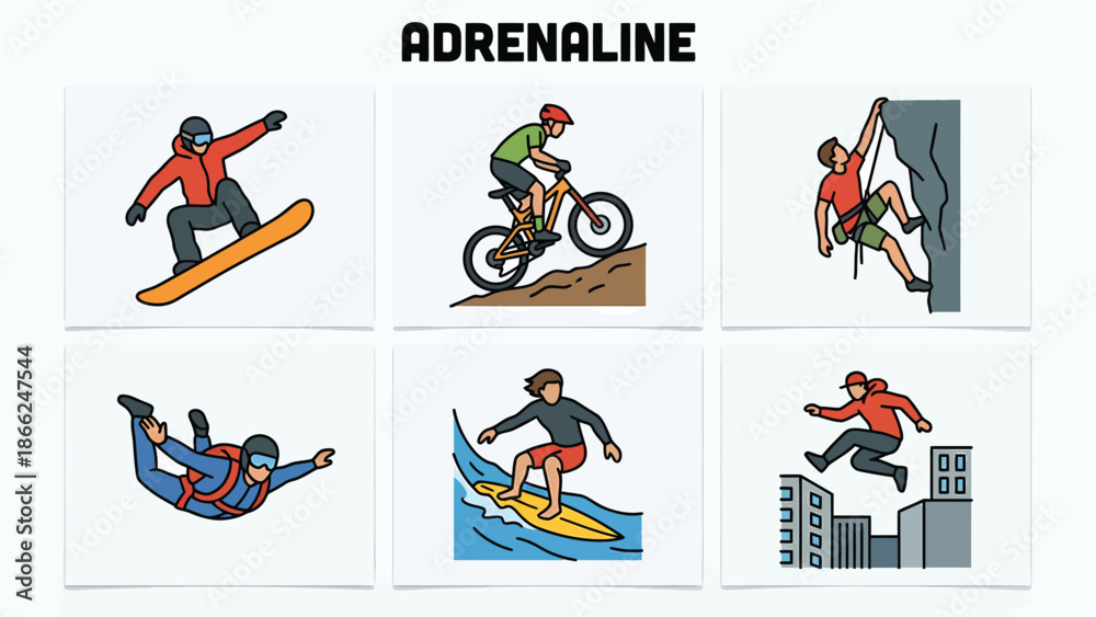 Fototapeta premium Dynamic Adrenaline Sports Icons Collection Snowboarding Mountain Biking Rock Climbing Skydiving Surfing Parkour Extreme Adventure Vector Graphics for Commercial Use