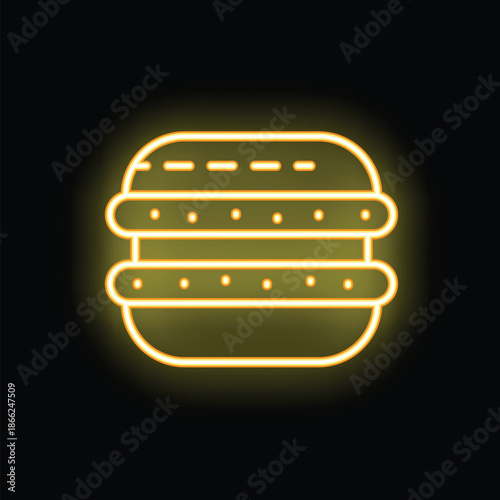 Yellow neon hamburger sign glowing on a black background