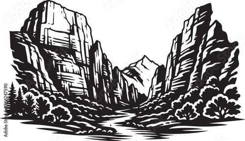 Zion National Park Landscape Silhouette Black and White Vector Illustration