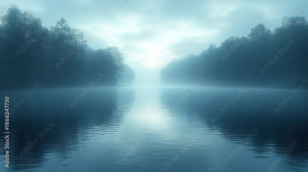 Fototapeta premium Misty lake with trees on the shore at sunrise with soft blue light and calm water reflecting the